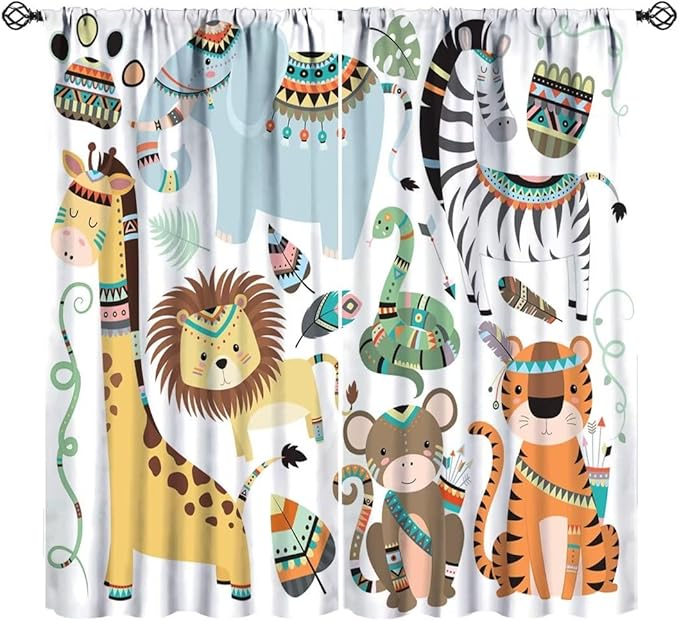 Jungle Tribal Animals Curtains, Southwest Aztec Cartoon Funny Zoo Animals Giraffe Lion Elephant Zebra Tiger Print Thermal Insulation Window Drapes for Kids Boys Girls Bedroom Living Room 63x63in