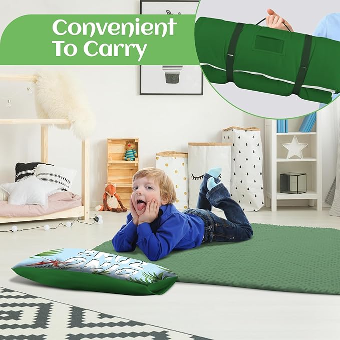 Toddler Nap Mat Kids Sleeping Bag 59‘’×24‘’, Soft Slumber Bag with Removable Pillow for Kids Girls Boys,Roll Up Sleeping Mat Lightweight for Camping,Daycare, Kindergarden
