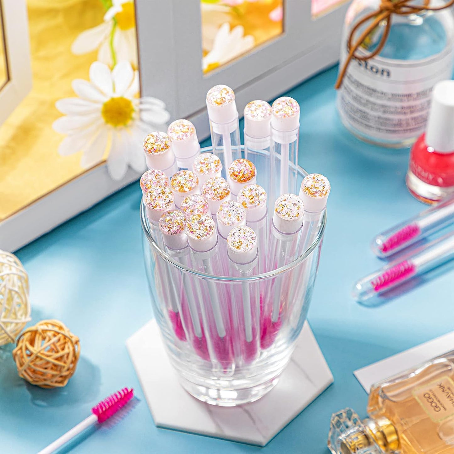 80 Pieces Disposable Mascara Brushes Tubes Set, 40 Pieces Empty Mascara Wand Tube with 40 Pieces Eyelash Brush Makeup Tool for Eyelash Extension(Pink Gold Sequins Style)