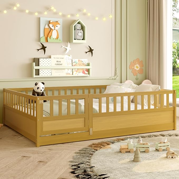 Bellemave Full Floor Bed with Slats, Full Size Floor Beds with High Fence and Door, Montessori Floor Bed Frame, No Box Spring Needed, Easy Assemble Montessori Bed, Natural