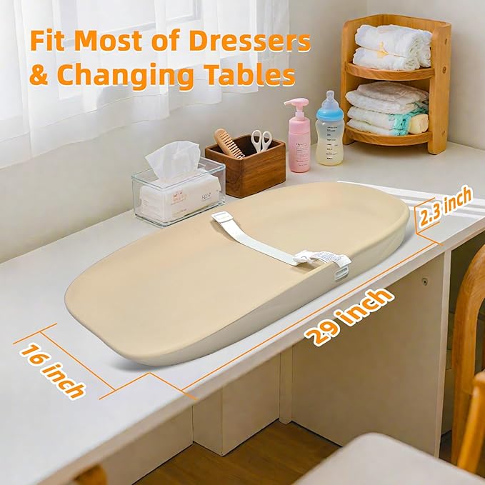 Wipe-Clean Baby Changing Pad for Dresser Oat, Wipeable and Waterproof with Safety Belt and Non-Slip, Comfortable Soft Nursery EVA Foam Baby Changing Table Pad