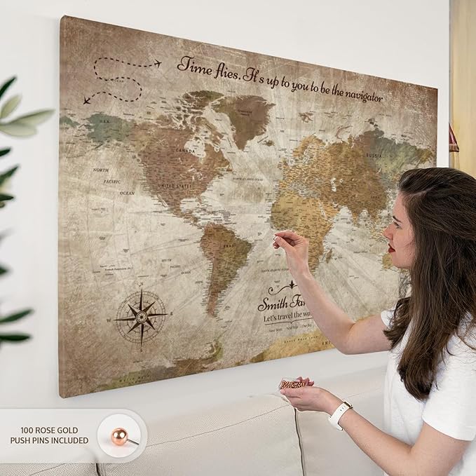 ElephantStock - Personalized Be The Navigator I Push Pin World Map Wall Art - Horizontal Canvas Wall Art - Living Room Wall Decor - Digital Art Map Canvas Art - Brown And Beige Decor - 51" x 34"