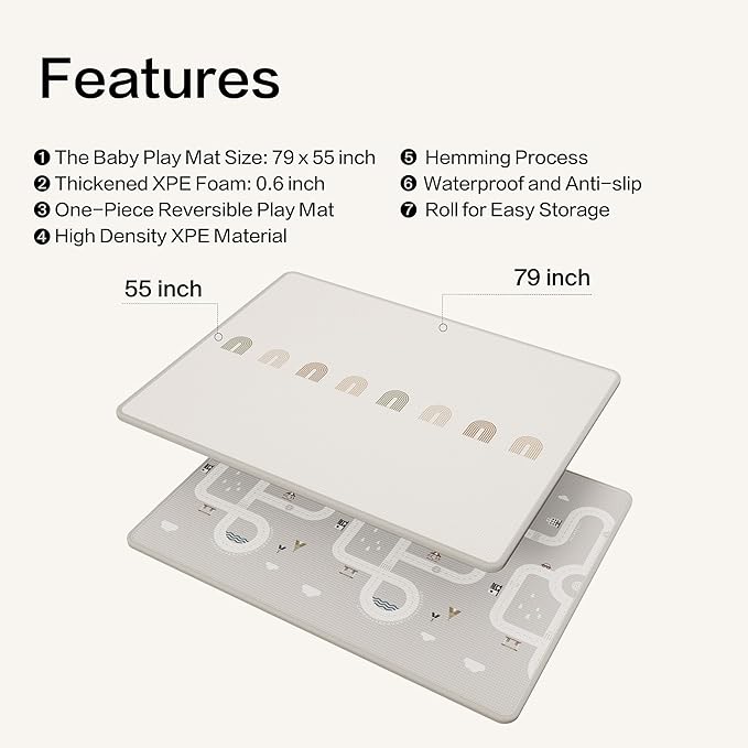 One-Piece Reversible Baby Play Mat 79’’ x 55’’ Rollable Waterproof Baby Mat for Floor, Non-Slip Thickened XPE Foam Baby Playmat, Double-Sided Playpen Mat for Babies, Infants and Toddlers