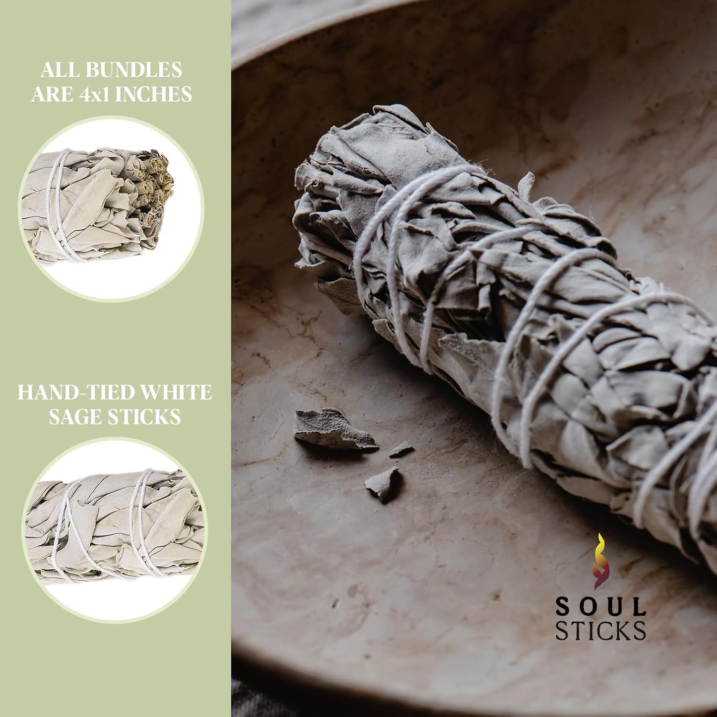 SOUL STICKS 4 Inch 6-Pack Organic California White Sage Smudge Sticks Bulk for Home Cleansing, Negative Energy Removal, Good Energy Meditation & Smudging Rituals | Pure Sage Bundles