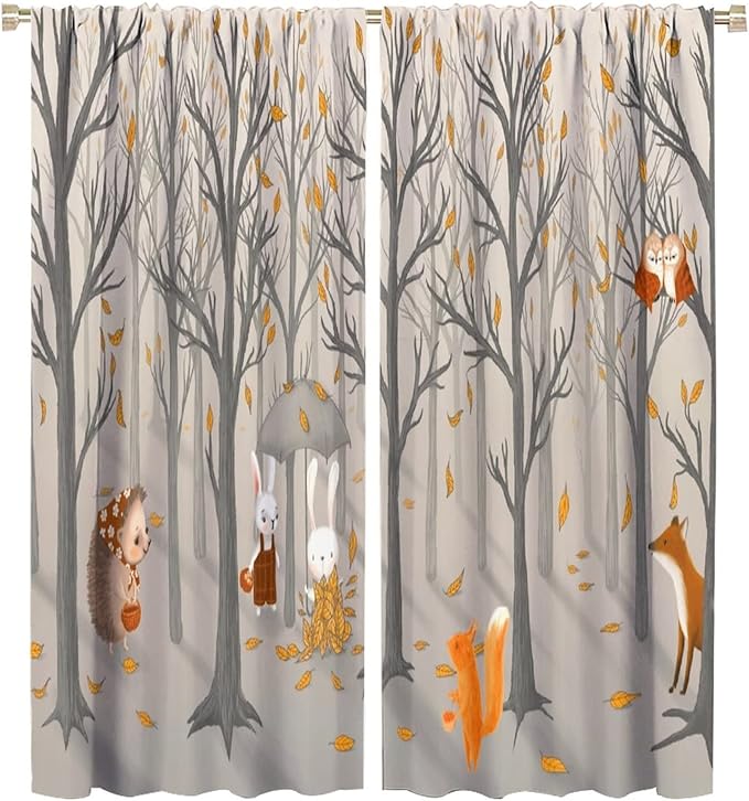 Kids Woodland Animal Window Curtains, Autumn Forest Hedgehog Rabbits Squirrel Fox Birds Blackout Rod Pocket Treatments Drapes for Boys Girls Bedroom 42x54in
