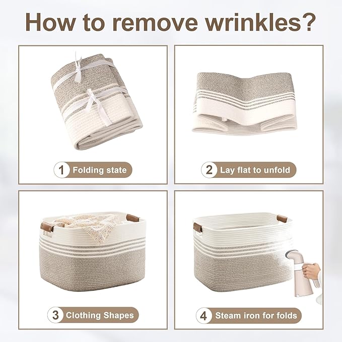 60L Large Laundry Basket with Leather Handles for Living Room Storage, Woven Rope Baskets Bin for Blanket, Kids Toy, Gifts, Wicker Hamper for Bedroom Dirty Clothes, 21"x15"x11" White Black