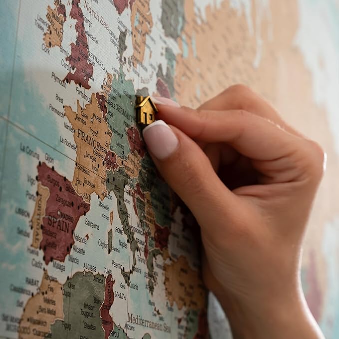 Canvas World Map with Cork Pin Board - English Lettering - Decorative Wall Decoration for All Rooms - Canvas Pictures with World Map Motif (90x60 cm, Pattern 11)