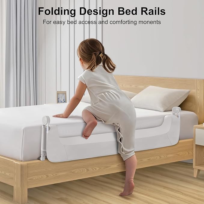Bed Rail for Toddlers,Swing Down Kids Beds Rails Guard for Twin,Full,Queen,Bunk Size Bed,Extra Tall Child Bed Rail Guard with Reinforced Anchor Safety System(White,59 Inch,1 Side)