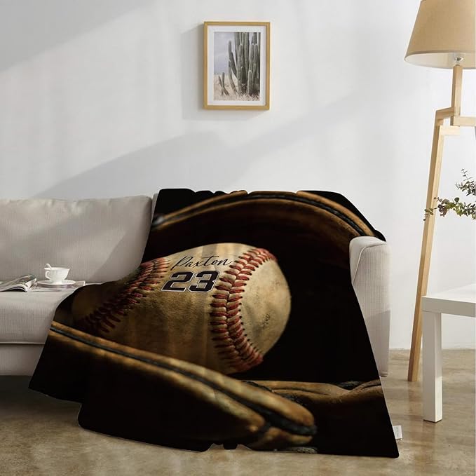 Custom Softball Baby Blanket with Name Number: Personalized Fluffy and Warm Gift for Baby Toddler Kids and Adults Birthday Skin-Friendly Flannel Fabric(50"x60")