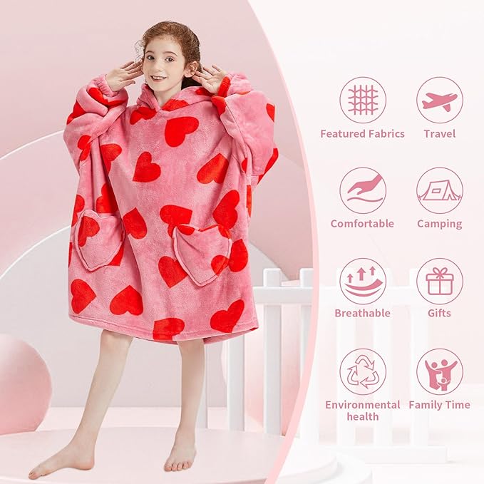 Fiosnow Love Print Blanket Hoodies for Kids 6-13YR Oversize Wearable Blanket Hoodies for Boys Girls Teens