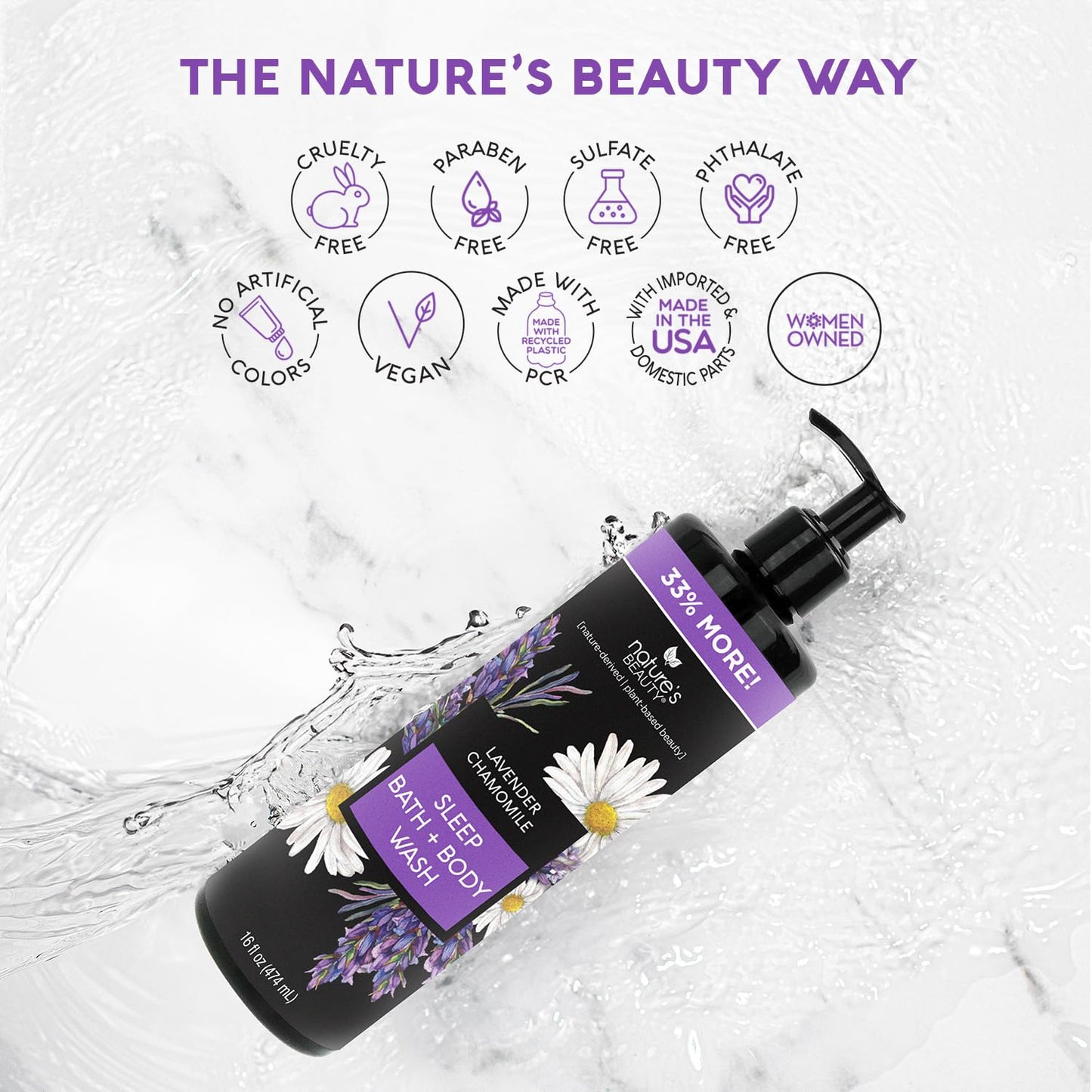Nature's Beauty Lavender Chamomile Sleep Body Wash for Women Multi-Pack- Gentle Bath + Body Cleanser, Sooth and Calm Combination to Dry Skin Made w/Coconut, Jojoba + Moringa Seed Oils 16floz (2 Pack)