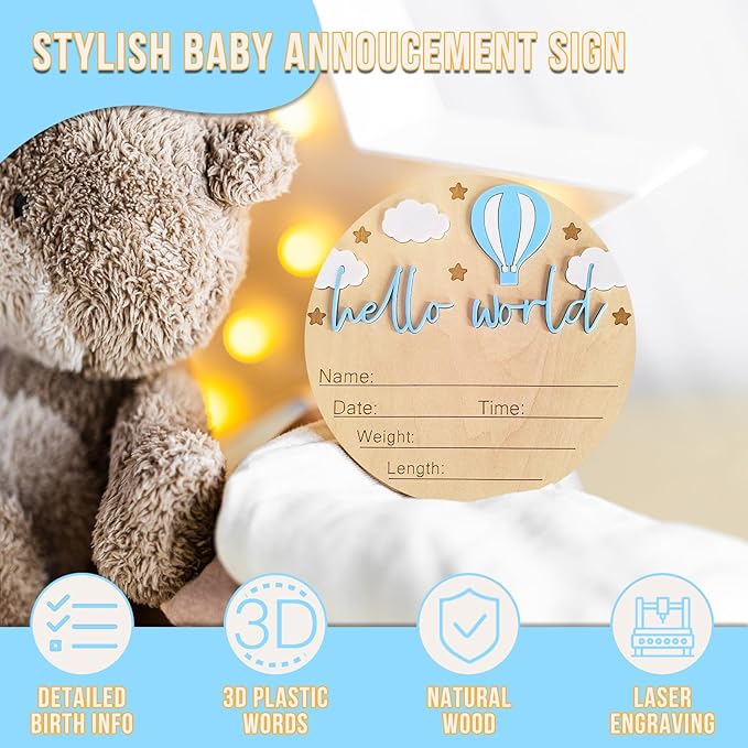 Hello World Newborn Sign - 5.9” Round Wooden Baby Announcement Sign with 3D Hot Air Balloon, Clouds & Stars - Keepsake Birth Gift for Baby Boy’s First Day, Hospital, Shower, or Nursery Décor (Blue)