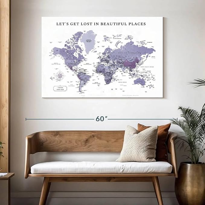 ElephantStock - Beautiful Places II Push Pin World Map Wall Art - Horizontal Canvas Wall Art - Living Room Wall Decor - Digital Art Map Canvas Art - White And Black Decor - 48" x 32"