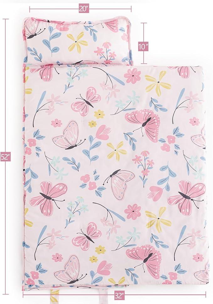 PHF Butterfly Toddler Nap Mat Set, with Removable Pillow for Toddler Girls, Soft and Lightweight for Daycare, Preschool, Travel, Kindergarten Sleeping Bag, Fits Ages 3-6 Years, Butterfly