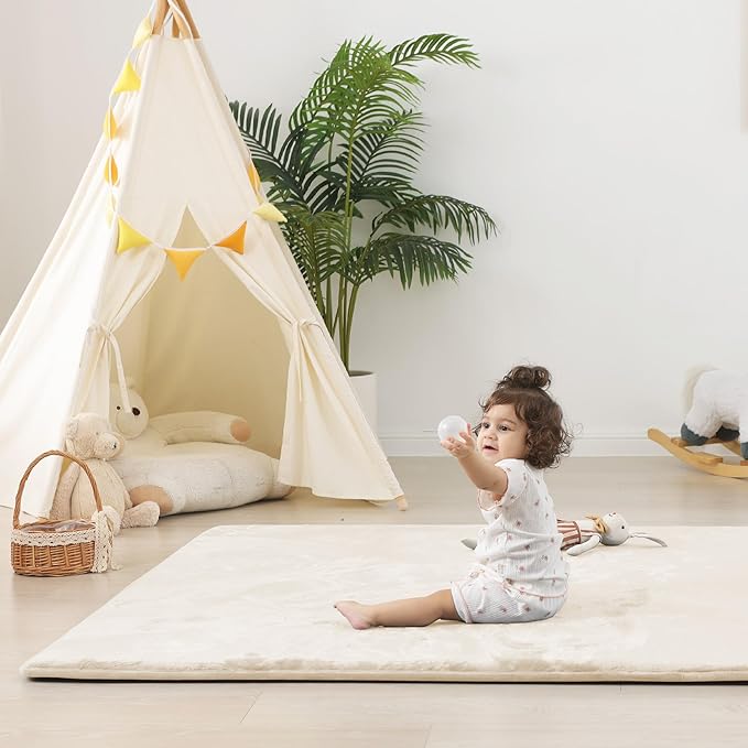 1.5" Super Thick Baby Play Mat for Floor, 79x118 Pro Soft Flannel Foam Mats for Toddler Infant Kids Crawling for Nursery Rug Playroom Living Room Waterproof Easy Care Non-Slip (Beige)