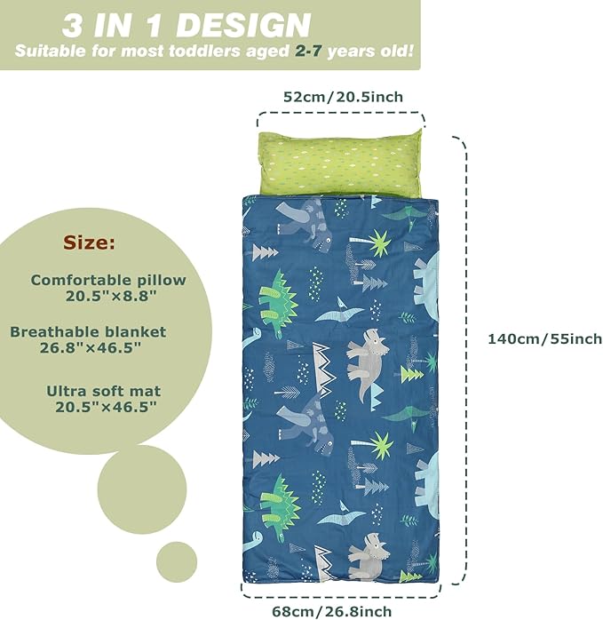 Toddlers Nap Mat with Removable Pillow and Soft Blanket, Lightweight Daycare Preschool Kindergarten Sleeping Bag, Travel Slumber for Kids Girls Boys