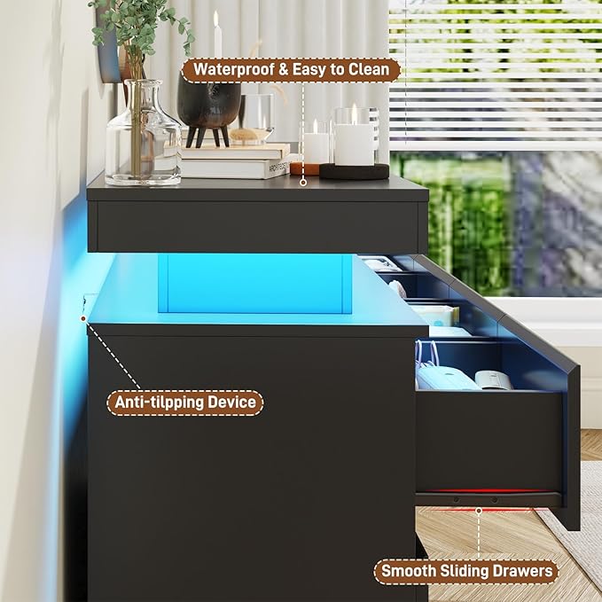 10 Drawer Dresser for Bedroom, 63“ Wide 34” Tall Drawer Organizer Cabinet with LED Light and Charge Station, Modern Chest of Drawers for Closet, Living Room, Entryway, Hallway (Black, 10 Drawers)