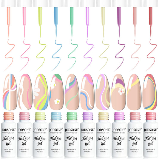 JODSONE Art Gel Liner Set 10 Colors Black Red Blue Need U V Lamp Cured with Thin Brush Gift for Girls at Home Salon Design