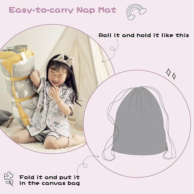 Toddlers Nap Mat with Removable Pillow and Soft Blanket, Lightweight Daycare Preschool Kindergarten Sleeping Bag, Travel Slumber for Kids Girls Boys