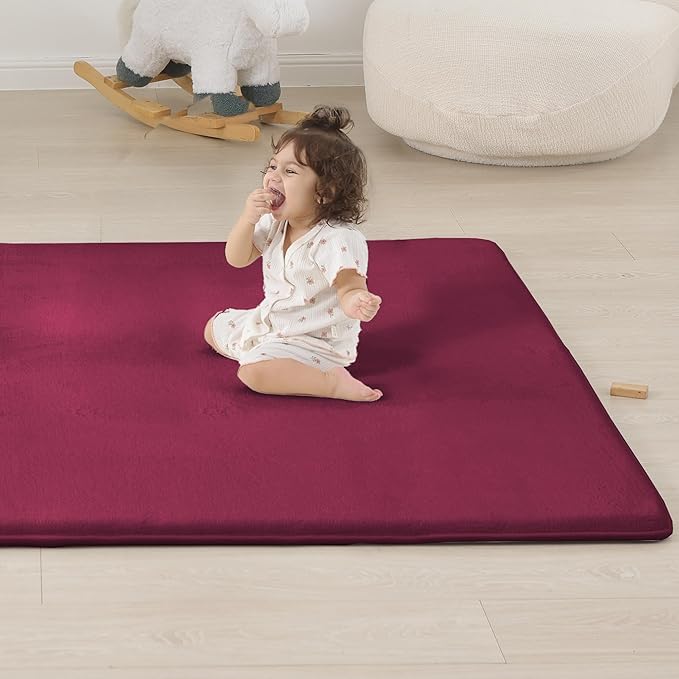 1.3" Thick Baby Floor Play Mat 50x50, Basic Padded Foam Mat for Tummy Time Crawling, Non Slip Cushioned for Babies Toddlers Infants Kids (Burgundy)