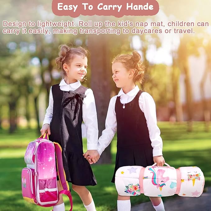 Toddler Nap Mat with Removable Pillow and Soft Dot Minky Blanket Pea Pod Kids Unicorn Napping Mats, Extra Large Rolled Slumber Bags for Girls Preschool, Daycare, Camping, 22 x 54inches Ages 3-7 Years