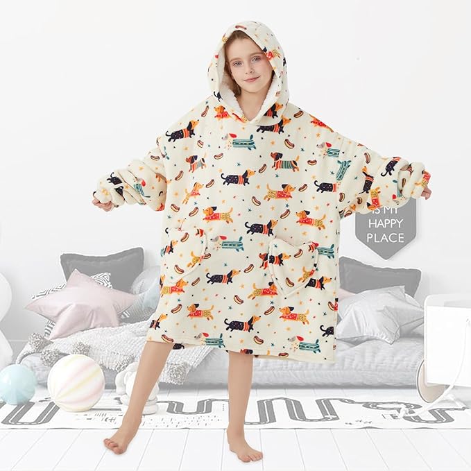 Fiosnow Dachshund Blanket Hoodies for Kids 6-13YR Oversize Wearable Blanket Hoodies for Boys Girls Teens