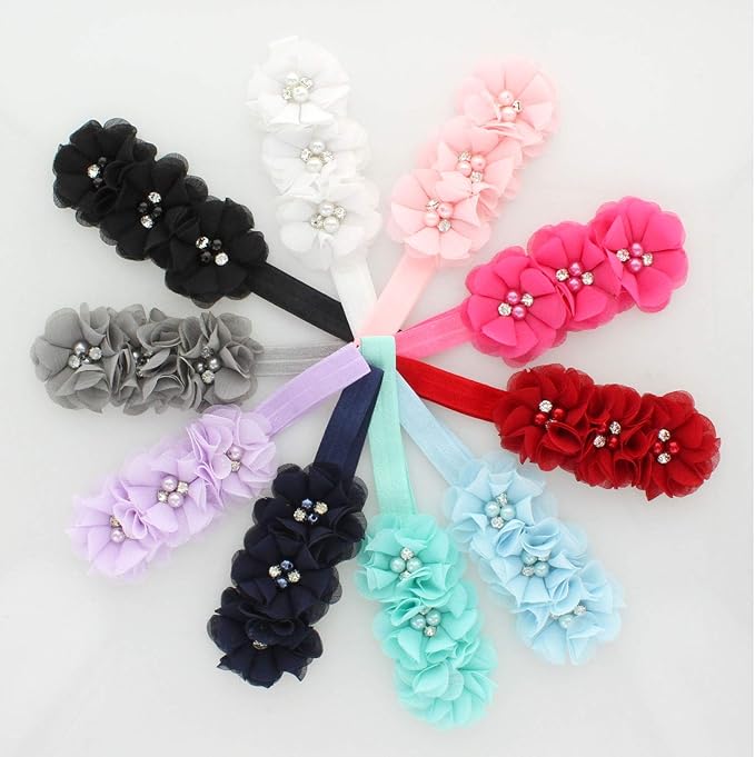 My Lello Flower Headbands Baby - Girls - Toddler Fabric Beaded Stretchy Elastic Pair
