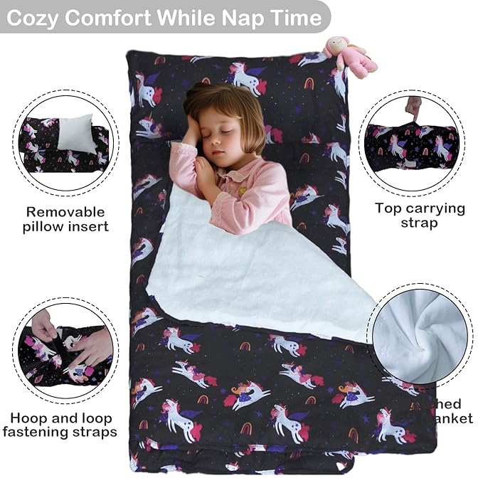 Toddler Nap Mat with Removable Pillow and Blanket, Cot Nap Mats for Daycare Preschool Kindergarten, Roll Up Lightweight Portable Travel Sleeping Bag, Black