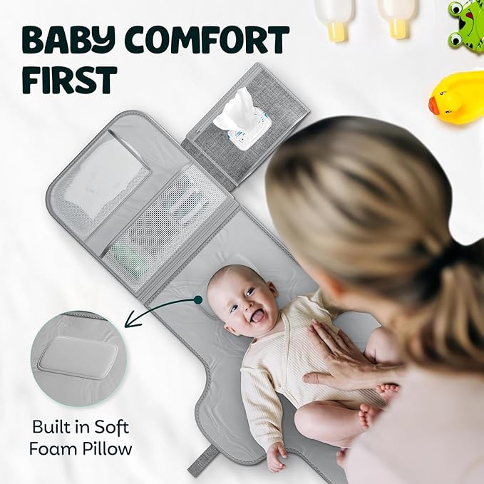 Portable Diaper Changing Pad - Waterproof Travel Diaper Clutch with Wipes Pocket & Storage - Foldable Wipeable Changing Mat for Baby - Newborn Shower Gift - Grey