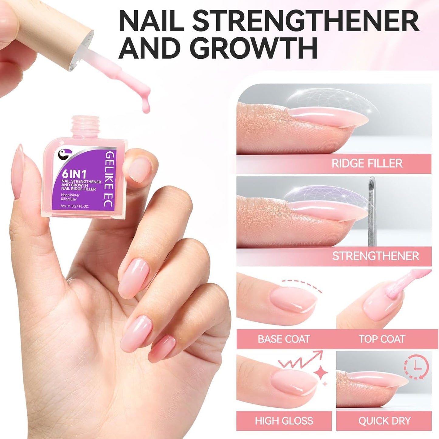 Nail Repair for Damaged NailsProtein: Pink 6 in 1 Natural Nail Strengthener and Growth - Long Lasting Nail Hardener Extra Strong and Growth - Nail Strengthener for Thin Nails and Growth