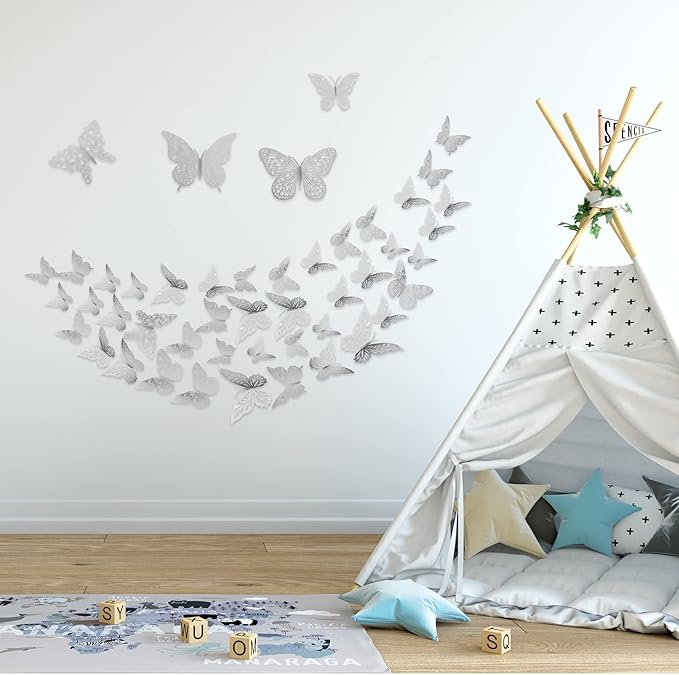 3D Gold Butterfly Wall Decor 3 Sizes 4 Styles Butterfly Party Decorations Cake Decorations Removable Stickers Wall Decor Room Mural Metallic Kids (Silver, 96Pcs)