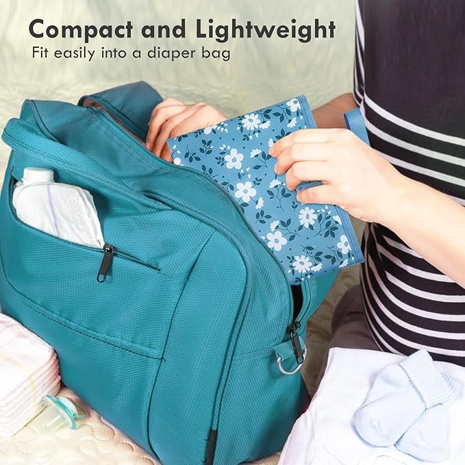 Portable Diaper Changing Pad for Baby - Waterproof Compact Changing Mat with Wrist Strap - Wipeable Travel Changing Pad for Diaper Bag - Gifts for Baby Shower by PHOEBUS BABY(Blue Flowers)