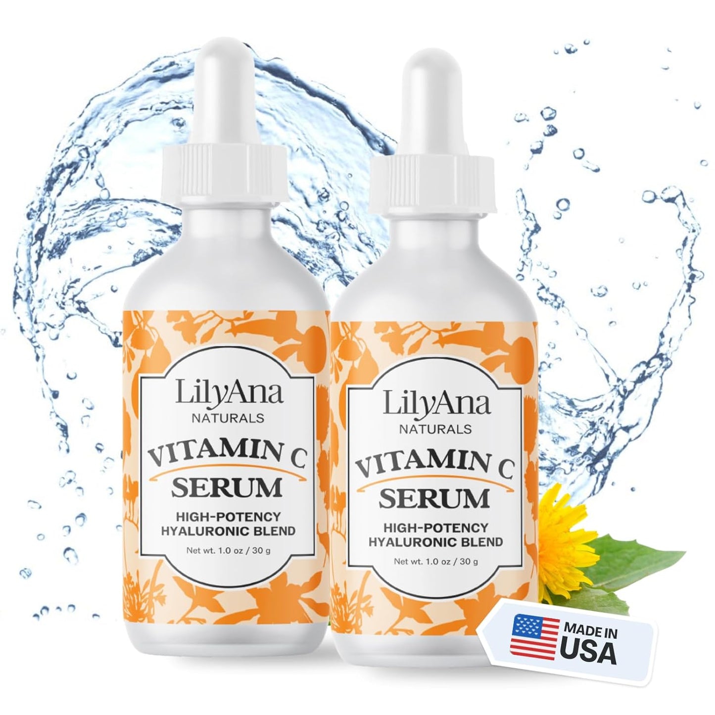 LilyAna Naturals Vitamin C Serum for Face - with Hyaluronic Acid and Vitamin E, Anti Aging Serum, Reduces Age Spots and Sun Damage, Promotes Collagen and Elastin (Double Pack)