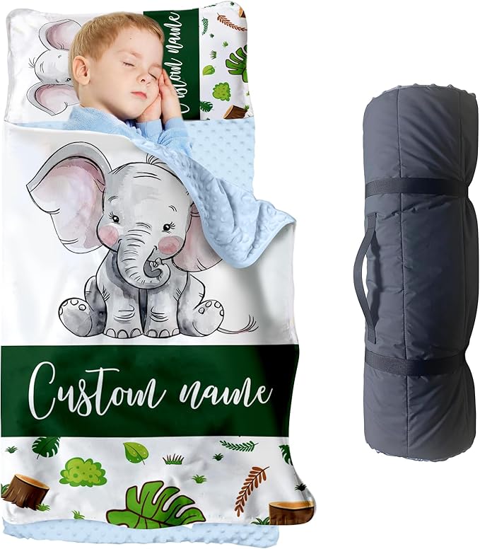 Personalized Toddler Nap Mats for Preschool, Custom Name Kids Sleeping Bag for Daycare, Roll Up Sleeping Mat with Removable Pillow and Soft Dot Minky Blanke for Boys Camping Travel