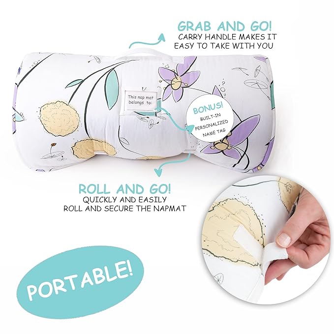 JumpOff Jo Nap Mat for Kids - Cozy Kids Rest Mat with Removable Pillow and Ultra Soft Blanket for Preschool, Daycare, and Sleepovers - Fairy Blossoms