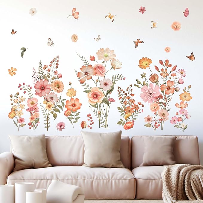 Boho Flower Wall Stickers for Girls: Baby Room Nursery Peel and Stick Removable Wall Decals for - Ages 1-12 Years Vinyl Wall Decor