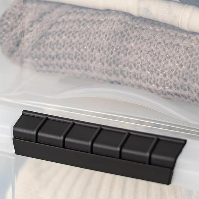 IRIS USA 40 Qt Stackable Plastic Storage Bins with Lids, 4 Pack - BPA-Free, Made in USA - See-Through Organizing Solution, Latches, Durable Nestable Containers, Secure Pull Handle - Clear