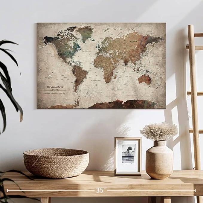 ElephantStock - Our Adventures World Map With Push Pin Iii Wall Art - Horizontal Canvas Wall Art - Living Room Wall Decor - Printmaking Map Canvas Art - Beige And Brown Decor - 24" x 16"