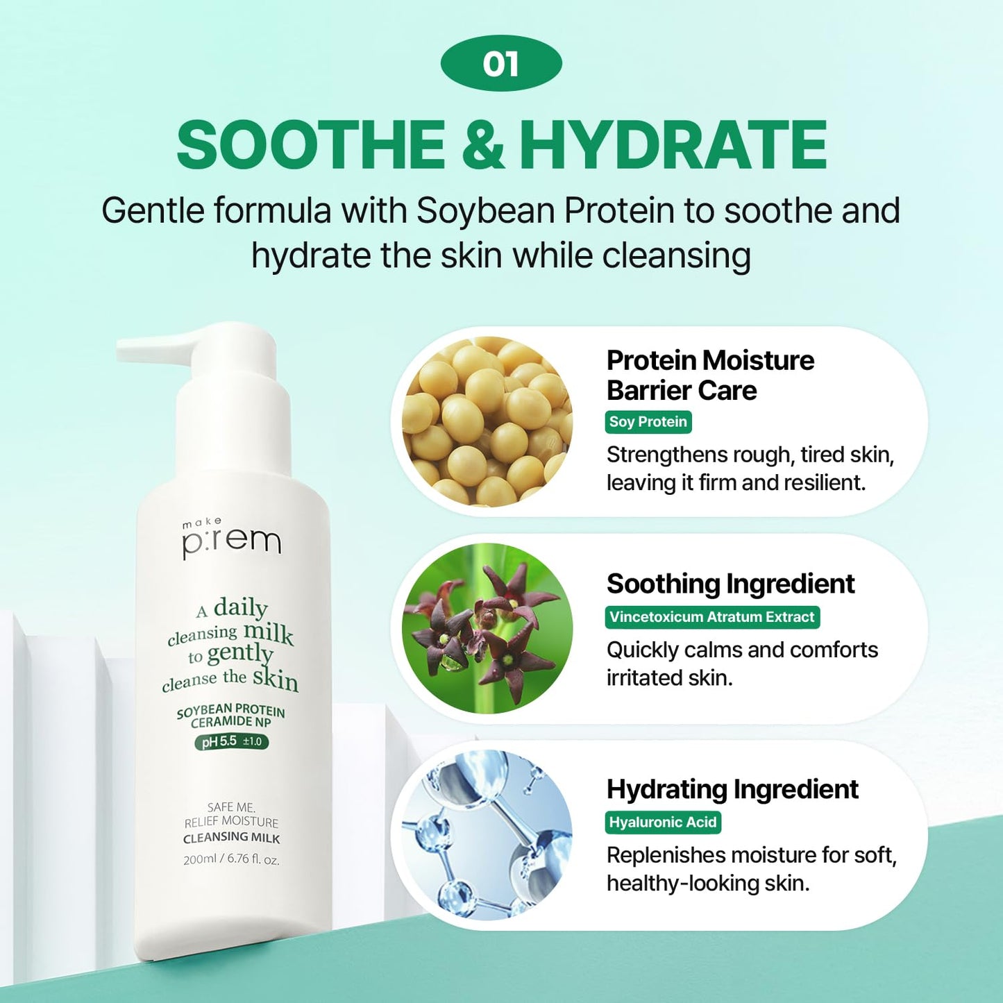 MAKE P:REM Safe Me. Relief Moisture Cleansing Milk, Hydrating Gentle Face Wash for Sensitive Skin with Soy Protein, Korean Milky Cleanser, Korean Skin Care, 6.76 Fl.Oz, 200ml