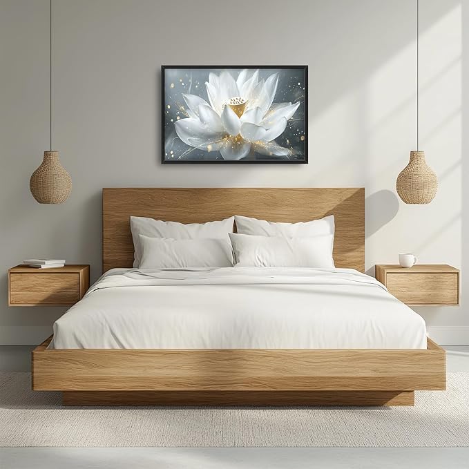 Olivine Zen Wall Art, Lotus Pictures Wall Decor, White and Golden Lotus Painting Flower Canvas Prints, Framed Artwork for Bedroom Bathroom Living Room Dining Room Office Home Decoration 36"x24"