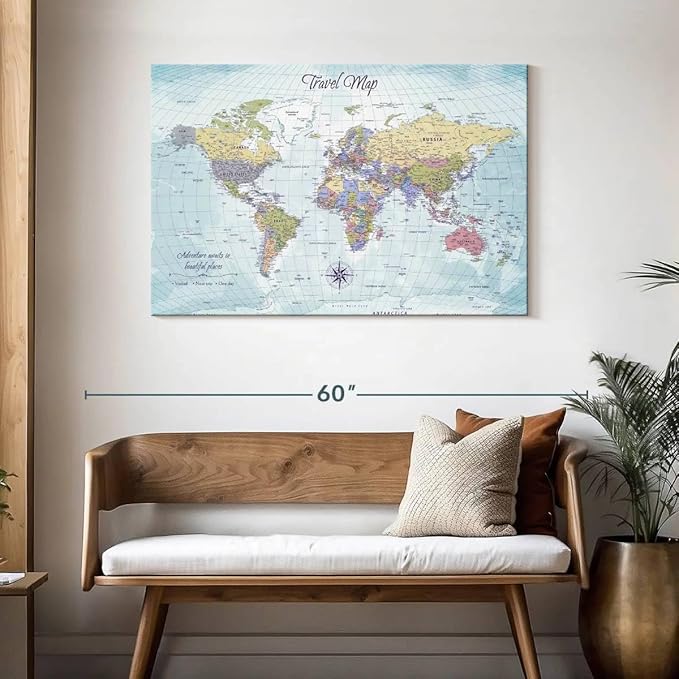 ElephantStock - Push Pin Travel Map World I Wall Art - Horizontal Canvas Wall Art - Living Room Wall Decor - Printmaking Map Canvas Art - Blue And Beige Decor - 45" x 30"
