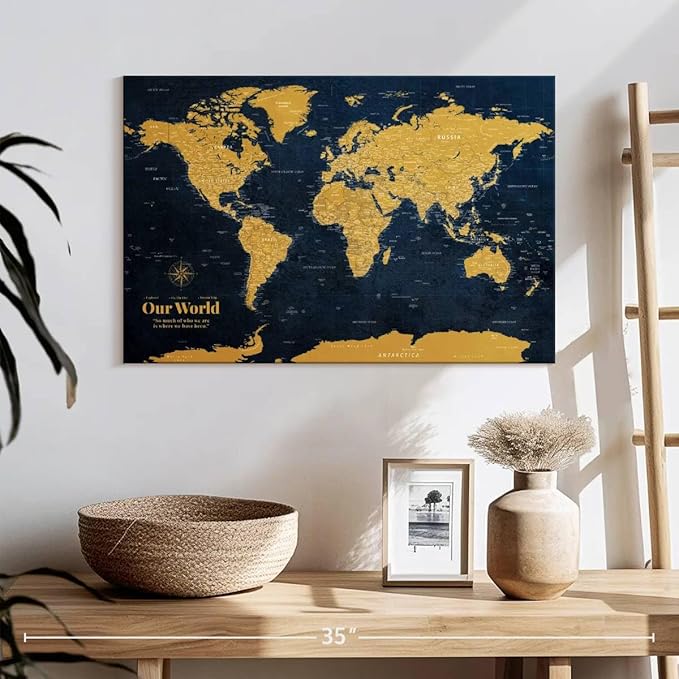 ElephantStock - Personalized Push Pin World Map - Gold Wall Art - Horizontal Canvas Wall Art - Living Room Wall Decor - Digital Art Map Canvas Art - Orange And Blue Decor - 24" x 16"