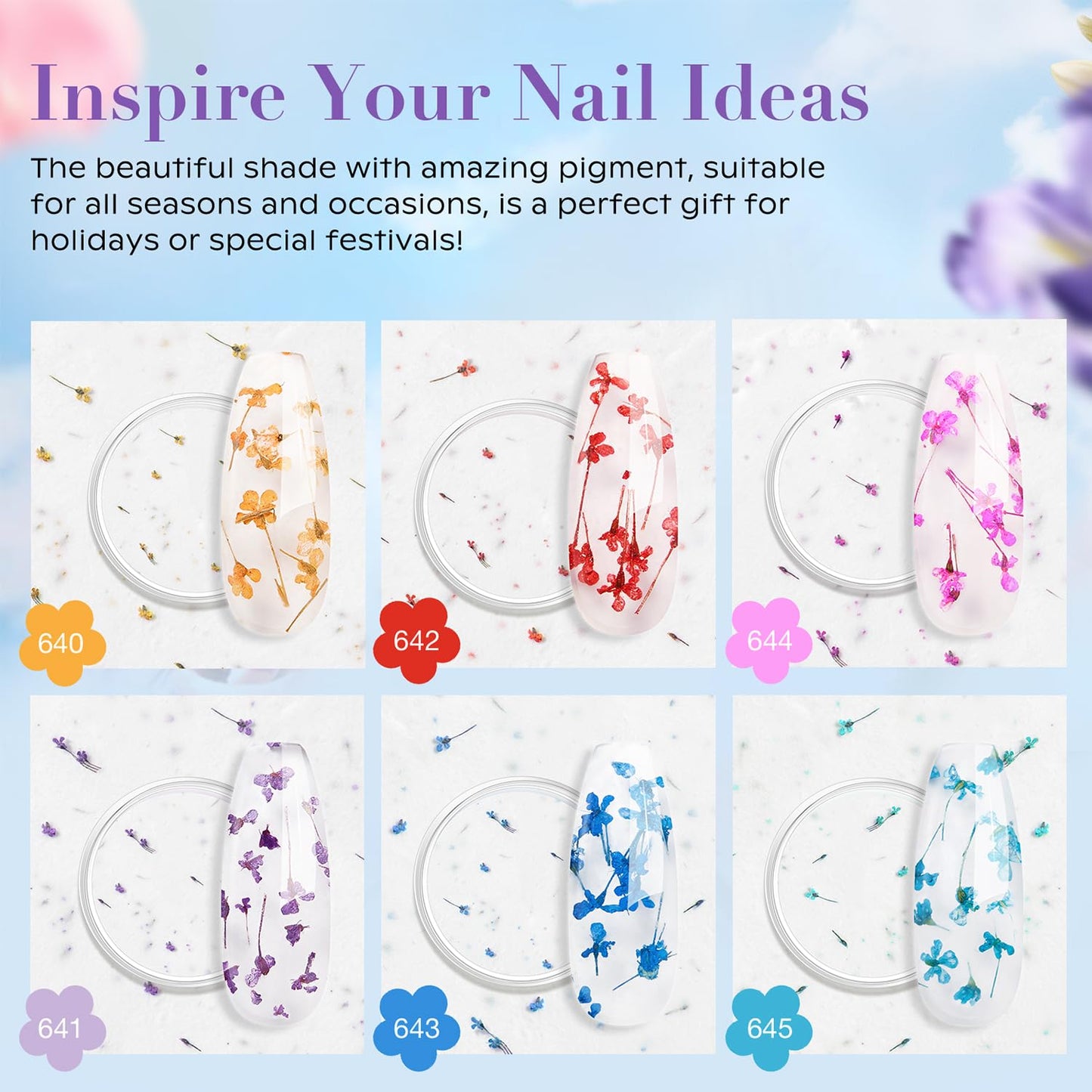 AZUREBEAUTY Dip Powder Nail Transparent Crystal Dried Flower Set, Blue Green Purple Pink Yellow 6 Colors Natural Real Clear Dipping Powder Starter Kit Nail Art Manicure Salon, No Need Nail Lamp Cured