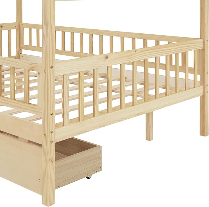 Full House Bed with 2 Storage Drawers, Kids Full Bed Frame with Rails and Roof, Tent Bed, Wooden Full Daybed, Full Montessori Bed for Kids Teens Girls & Boys, No Box Spring Needed (Natural)