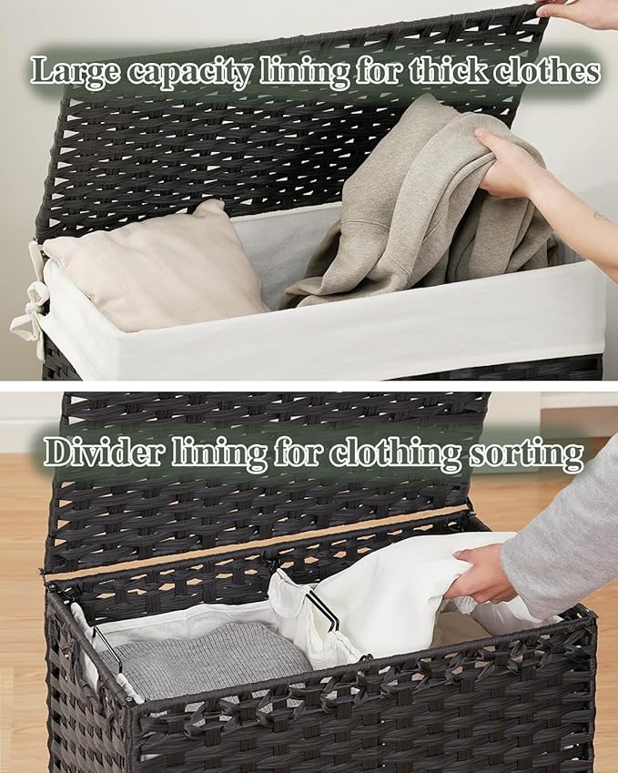 Laundry Hamper with Lid Wicker Laundry Basket 112 L (29.6 Gal) Laundry Hampers Handwoven Rattan Clothes Hamper with Handles 3 Removable Liner Bag, 6 Mesh Bags for Bathroom Bedroom Black