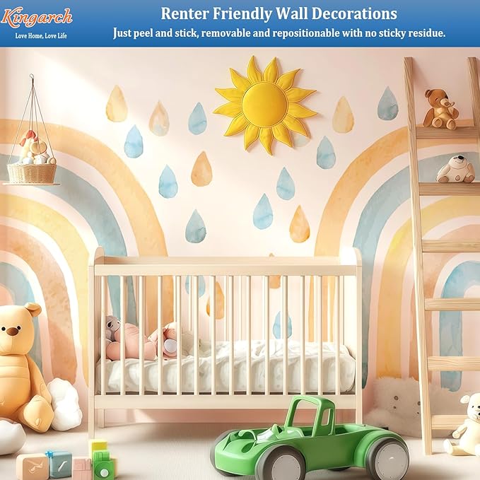 Large Watercolor Rainbow Wall Decals, Raindrops Peel and Stick Fabric Nursery Wall Decor, Removable Home Room Wall Decor Murals Stickers for Kids Girls Toddler Bedroom Living Room Playroom