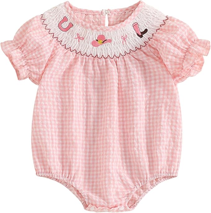 Baby Girl Smocked Western Romper Short Sleeve Bubble Rompers Summer Clothes Plaid Print Embroidery Bow Bodysuit Tops
