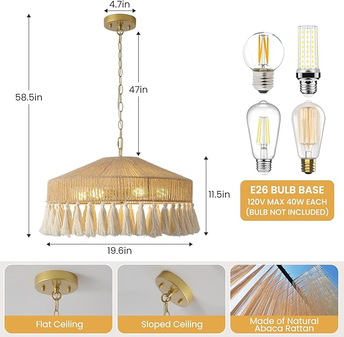 Rattan Pendant Light 19.5in 6 Lights Boho Large Chandelier Wabi-Sabi Pendant Light with Fringe Tassle Chandelier Lighting Fixtures for Living Dining Room Kitchen Bedroom Nursery Girls Room