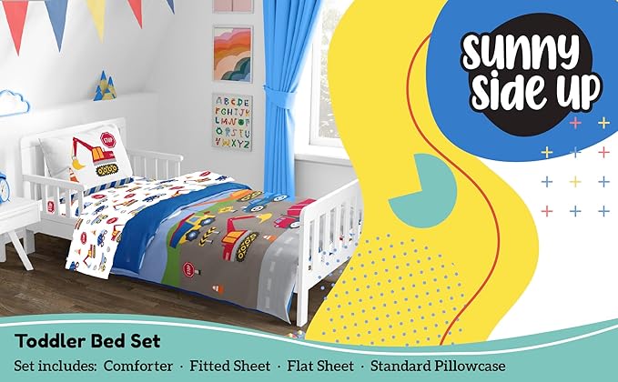 Sunny Side Up Construction Zone Toddler Comforter Set - 4 Piece Preschool Bedding Includes Comforter, Sheets & Pillow Cover - Super Soft Vehicles Microfiber Bed Set