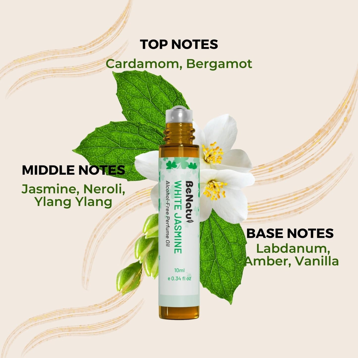 benatu Jasmine Perfume Oil Roll On for Women, Alcohol Free Eau de Parfum,Travel Size Essential Oil Body Fragrance, Concentrated Rouge Floral Scent, 10 ml